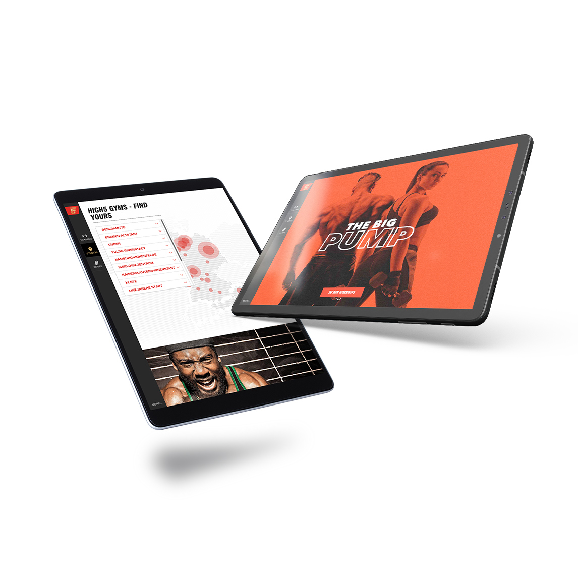Zwei schwebende Tablets zeigen eine Fitnessstudio-Auswahlkarte und eine Werbeanzeige für The Big Pump.