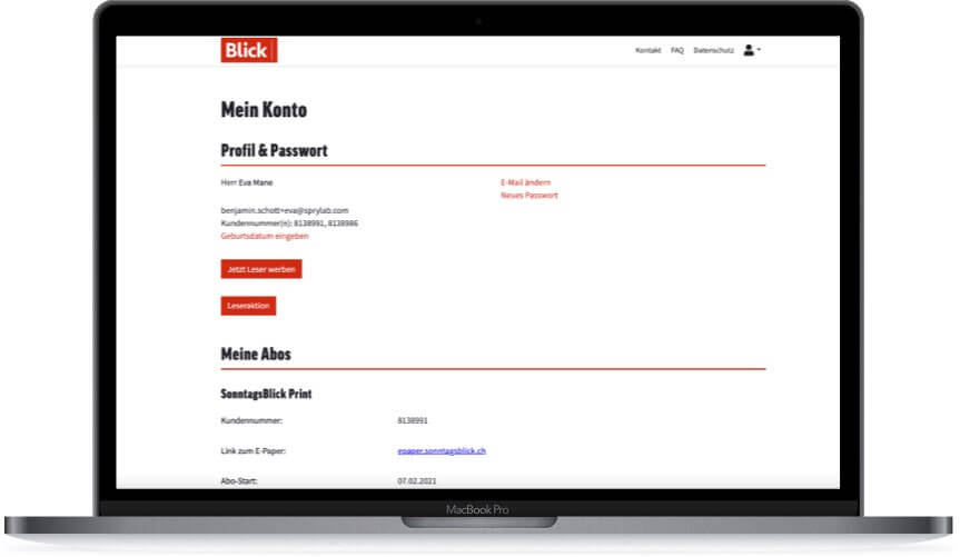 Laptopbildschirm zeigt Blick-Kontoübersicht mit Profilinformationen, Abonnements und Links.