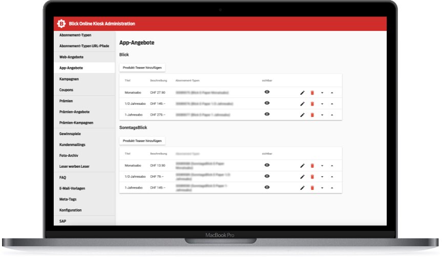 MacBook Pro zeigt Blick Online Kiosk Admin mit Abonnement- und App-Angeboten, sichtbaren Preisen und Optionen.