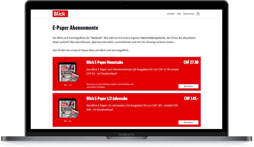 MacBook Pro Bildschirm zeigt Blick E-Paper Abonnemente mit Monats- und 1/2-Jahresabo Angeboten in CHF.