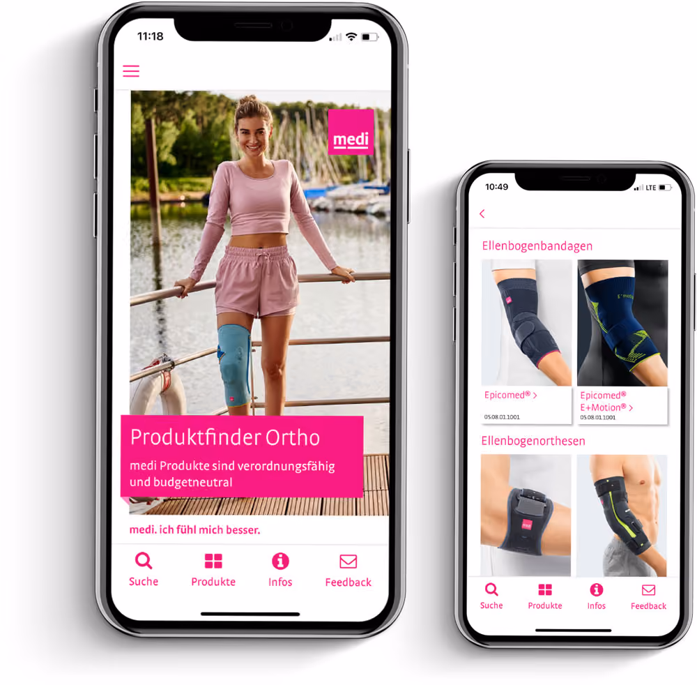 Zwei Smartphones zeigen eine Ortho-Produktfinder-App mit Ellenbogenbandagen und Orthesen.