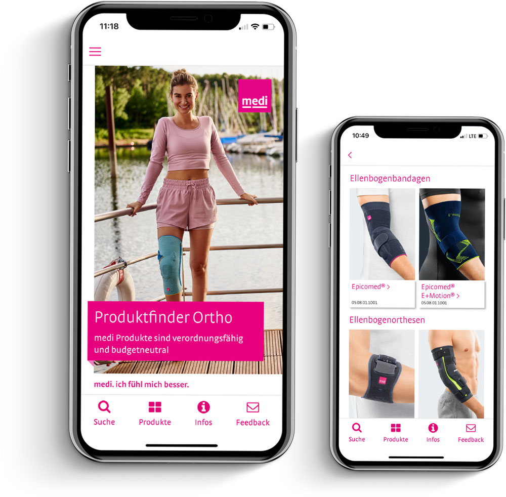 Zwei Smartphones zeigen eine Ortho-Produktfinder-App mit Ellenbogenbandagen und Orthesen.