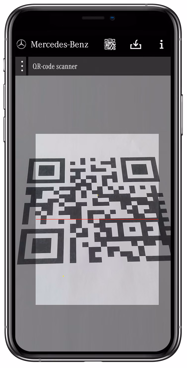Smartphone screen showing a Mercedes-Benz QR-code scanner app scanning a black and white QR code.