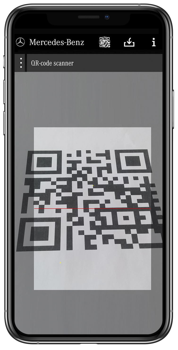 Smartphone screen showing a Mercedes-Benz QR-code scanner app scanning a black and white QR code.
