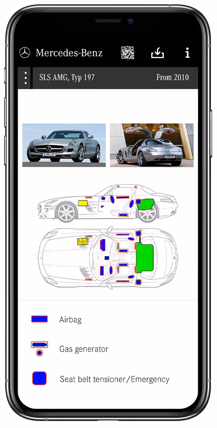 Mercedes-Benz SLS AMG 197 with safety diagram showing airbags, gas generators, and seat belt tensioners.