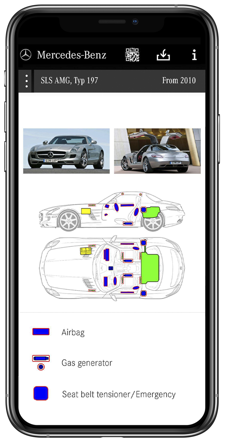 Mercedes-Benz SLS AMG 197 with safety diagram showing airbags, gas generators, and seat belt tensioners.