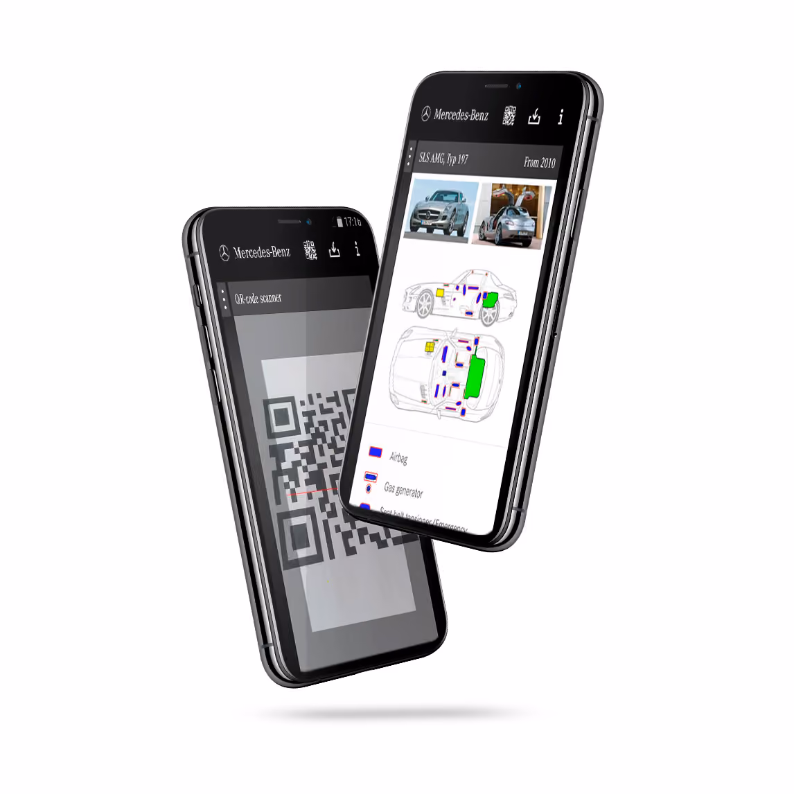 Zwei Smartphones zeigen Mercedes-Benz-App mit QR-Code-Scanner und Fahrzeugdiagramm des SLS AMG.