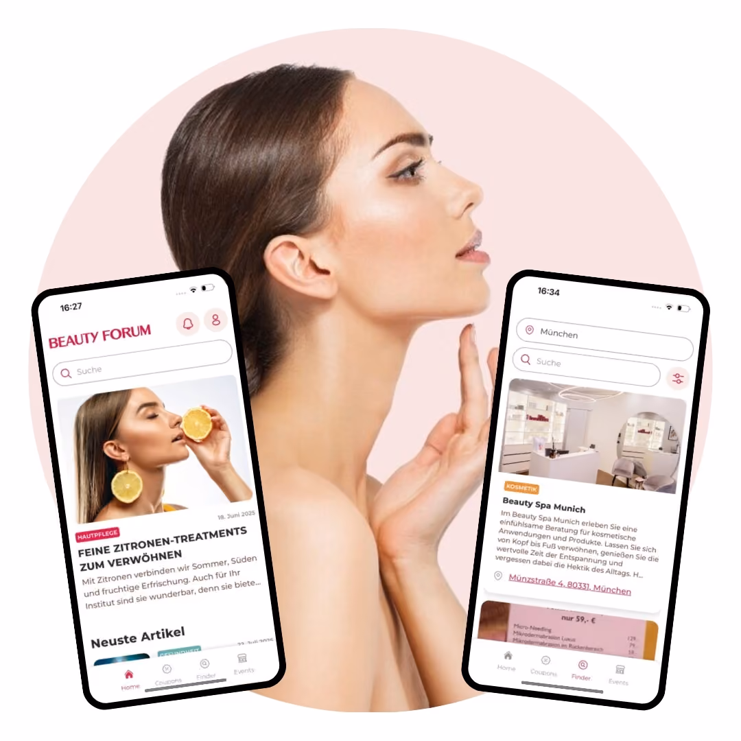 Frau mit makelloser Haut und zwei Handybildschirmen mit Beauty-Forum und Spa-Anzeigen.