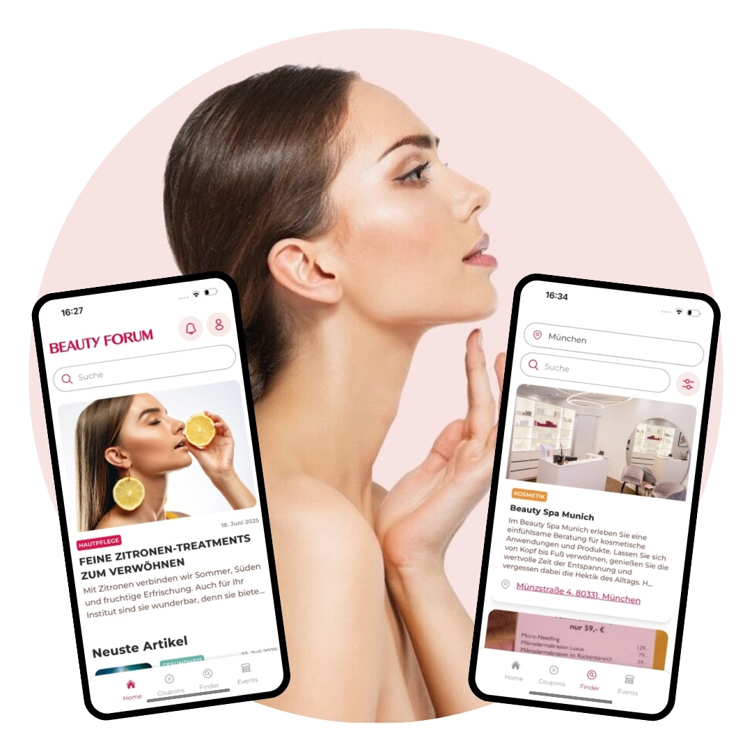 Frau mit makelloser Haut und zwei Handybildschirmen mit Beauty-Forum und Spa-Anzeigen.