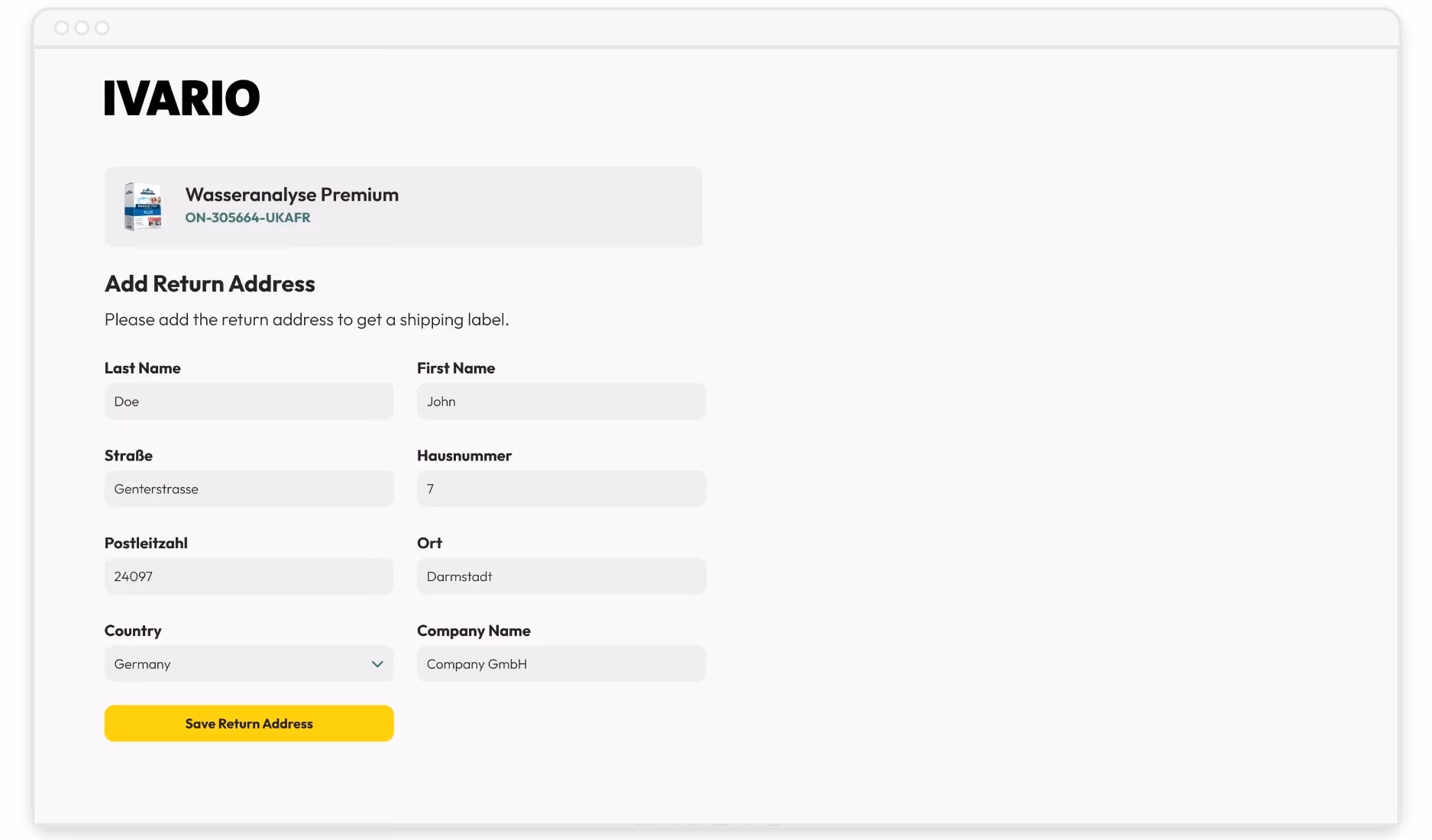 Webformular zum Hinzufügen einer Rücksendeadresse mit Feldern für Name, Straße, PLZ, Ort, Land und Firma.