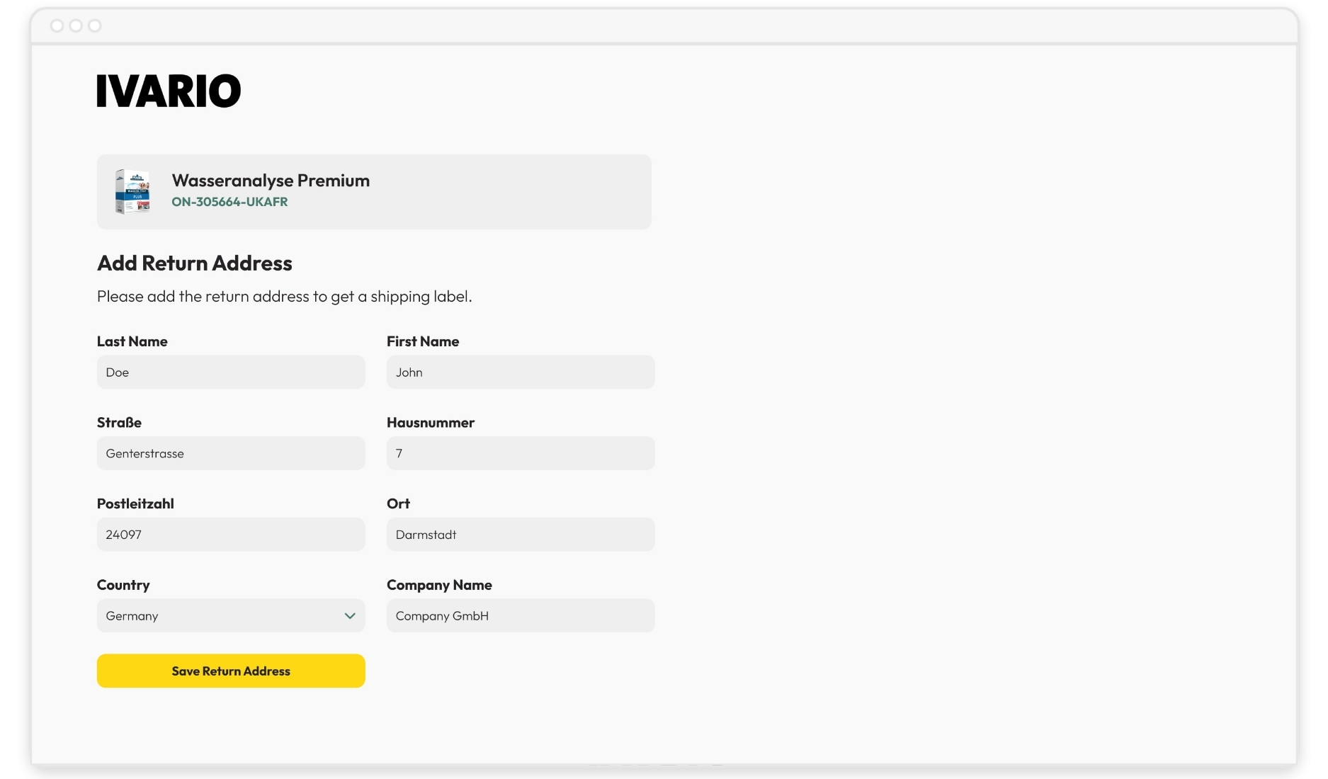 Webformular zum Hinzufügen einer Rücksendeadresse mit Feldern für Name, Straße, PLZ, Ort, Land und Firma.