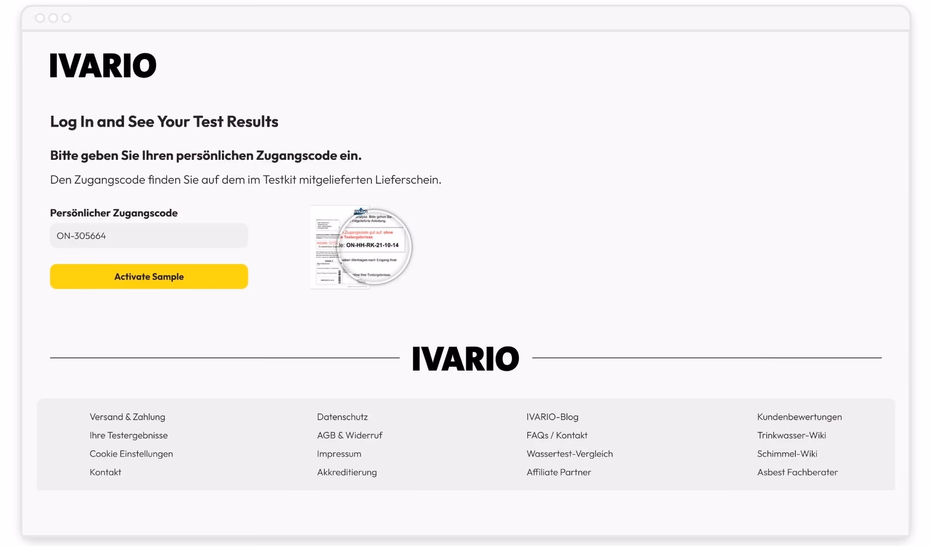 Login-Seite für IVARIO mit Eingabefeld für persönlichen Zugangscode und gelbem Aktivieren-Button.