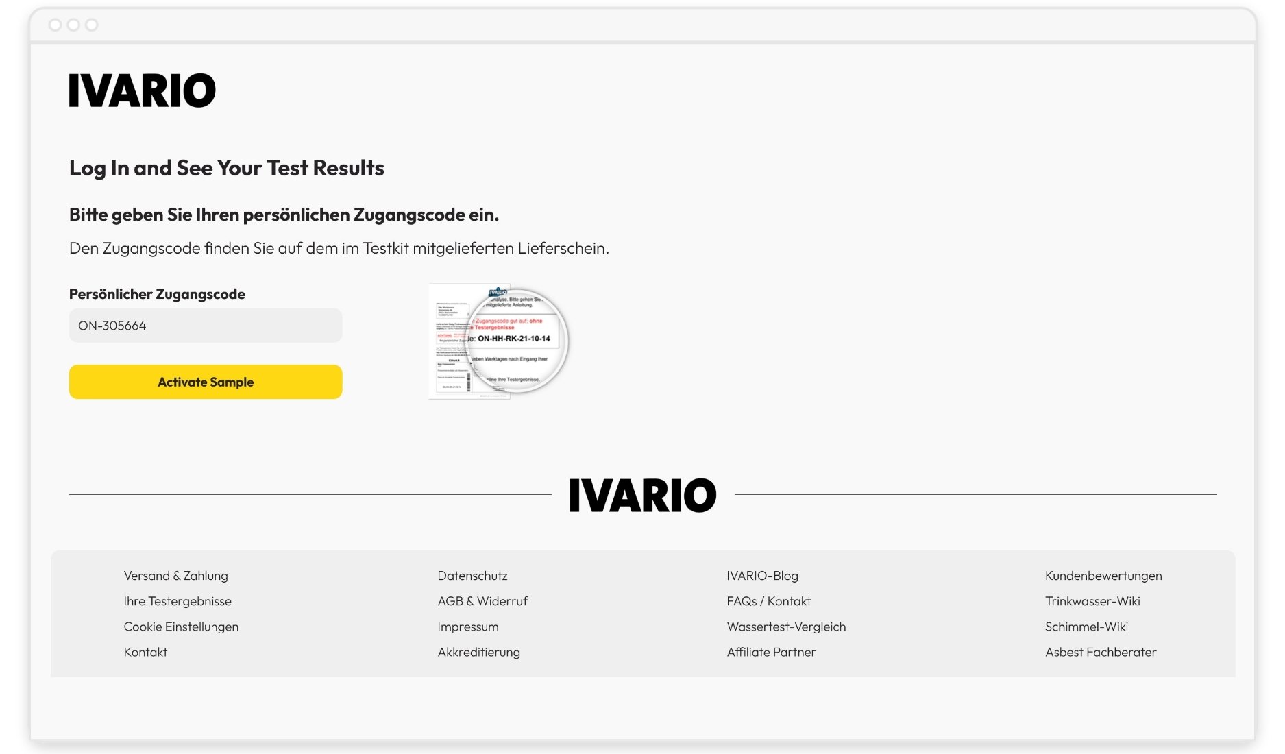 Login-Seite für IVARIO mit Eingabefeld für persönlichen Zugangscode und gelbem Aktivieren-Button.