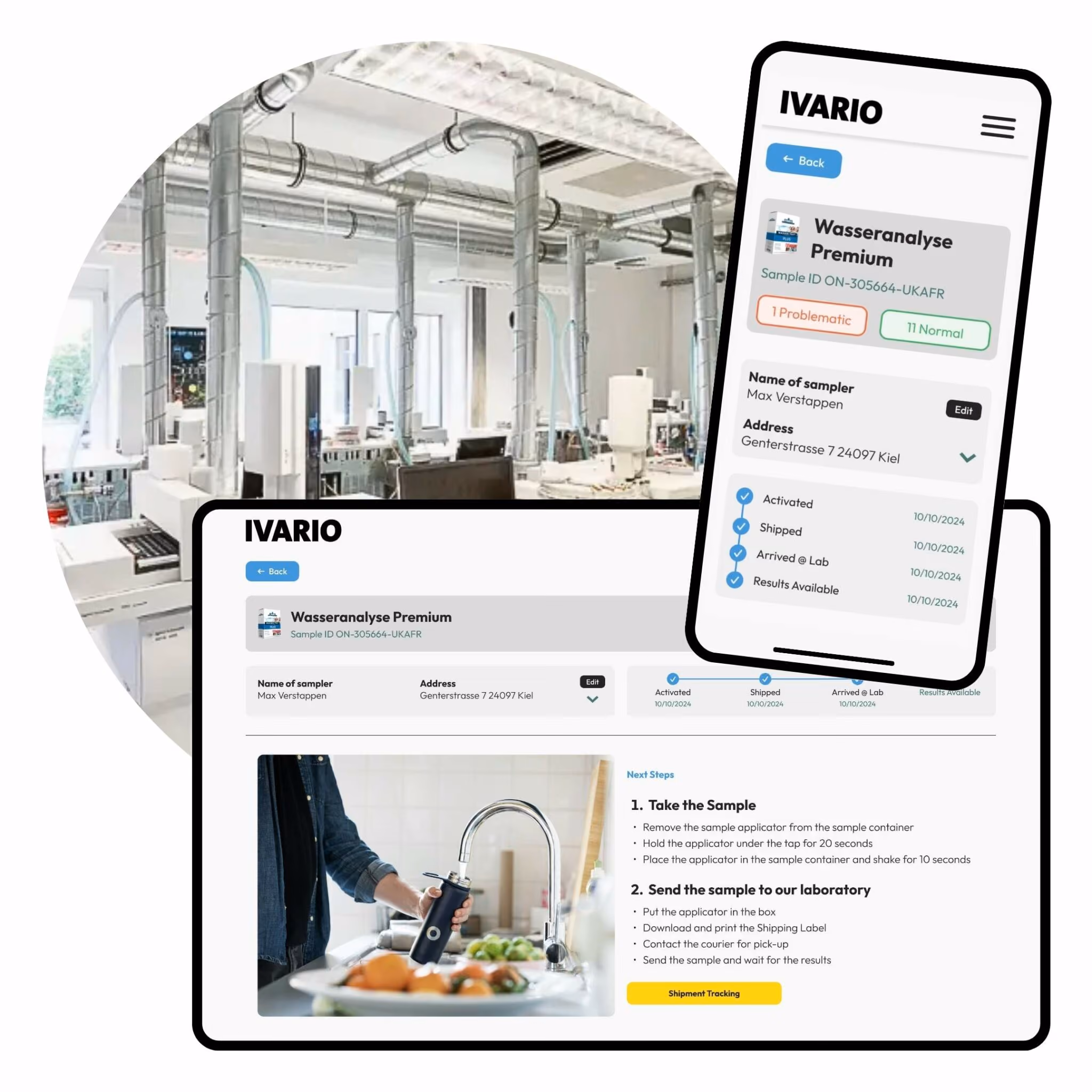 Laborumgebung und Bildschirmansicht der IVARIO-App zur Wasseranalyse und Probenahmeanleitung.