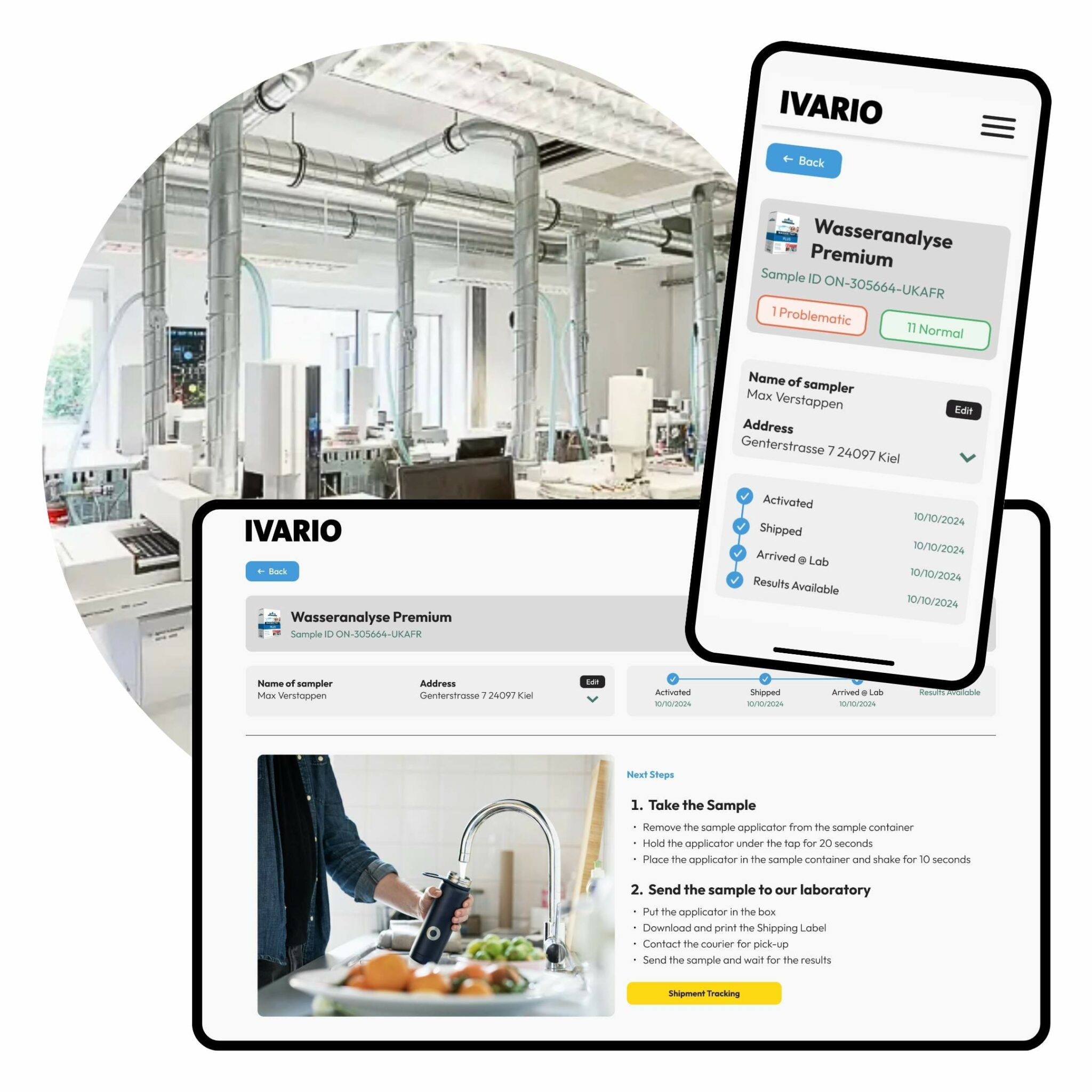 Laborumgebung und Bildschirmansicht der IVARIO-App zur Wasseranalyse und Probenahmeanleitung.