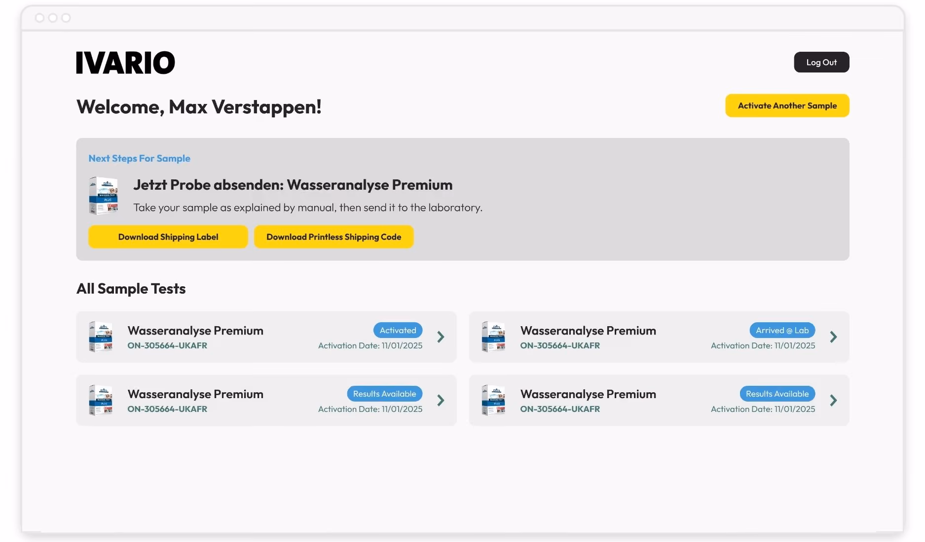 IVARIO Dashboard begrüßt Max Verstappen mit Optionen zum Versand und Statusübersicht der Wasseranalyse Premium-Proben.