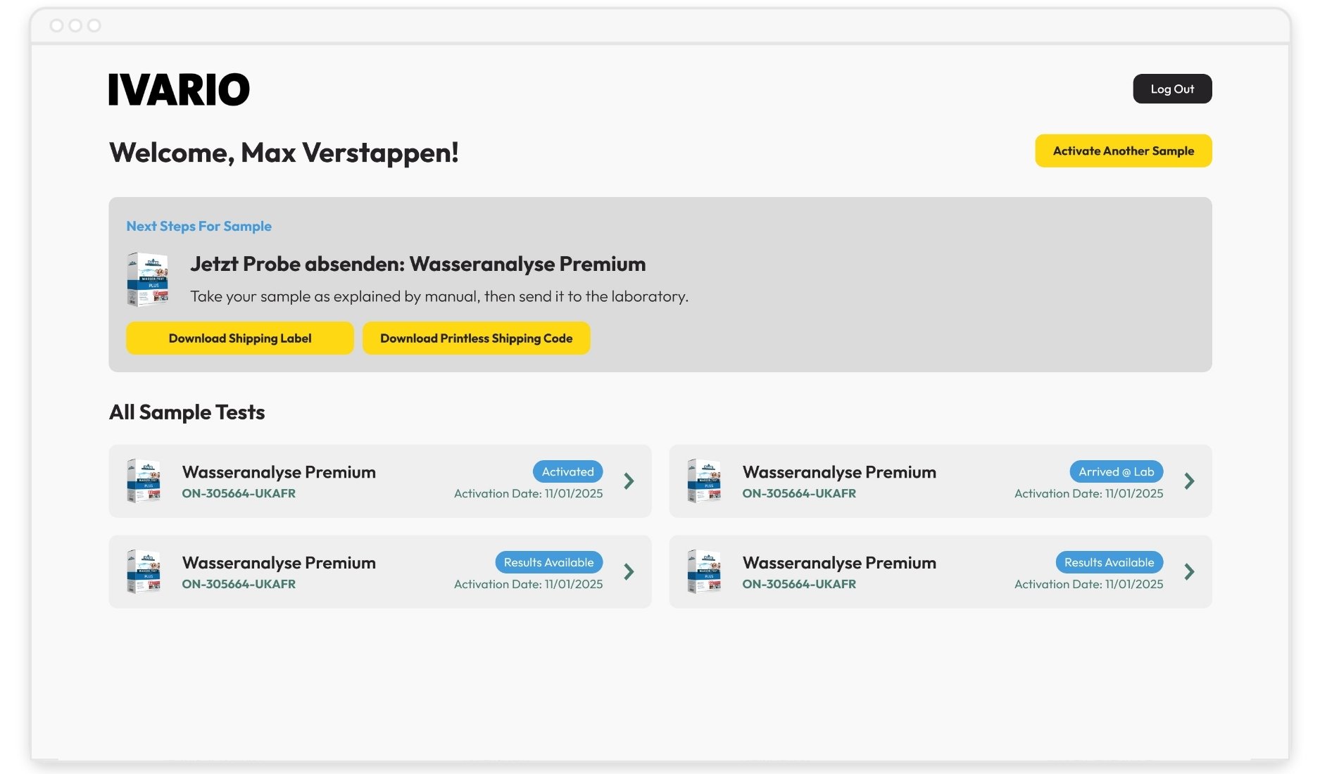 IVARIO Dashboard begrüßt Max Verstappen mit Optionen zum Versand und Statusübersicht der Wasseranalyse Premium-Proben.