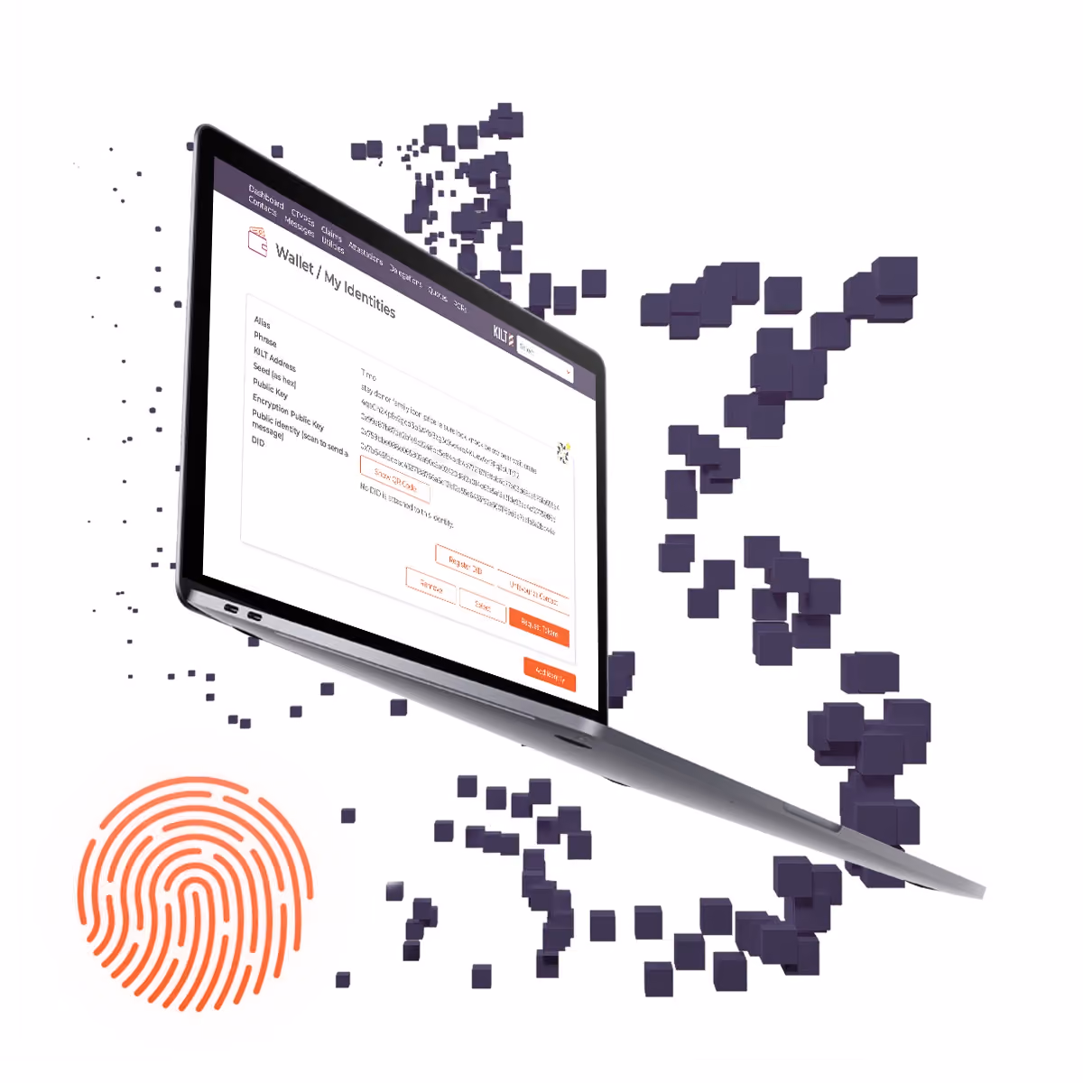Laptop displaying a digital wallet interface with floating dark digital blocks and an orange fingerprint icon.