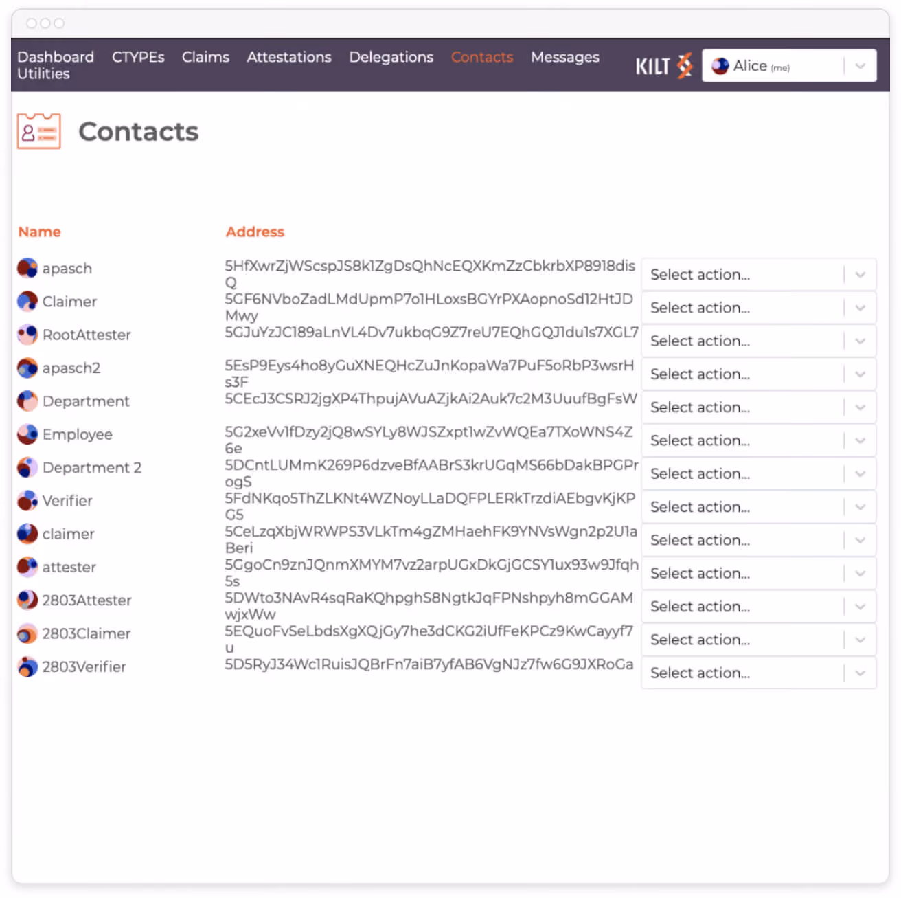 Contacts list in a dashboard with names, addresses, and action dropdowns on the right side.