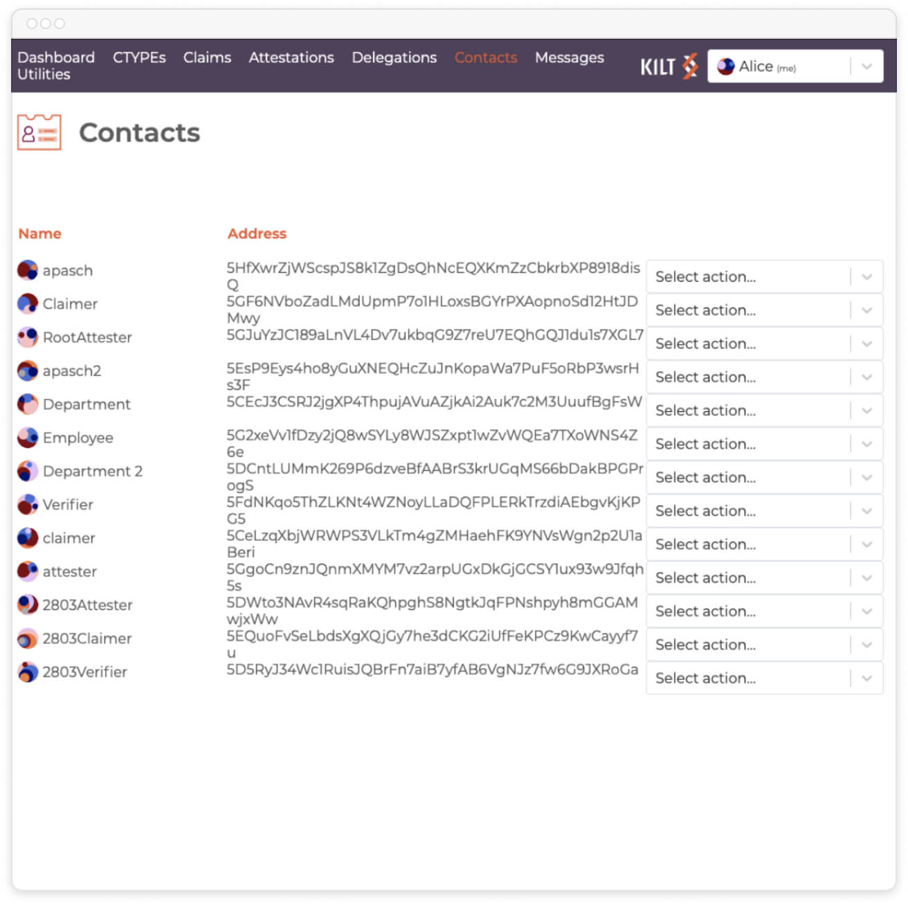 Contacts list in a dashboard with names, addresses, and action dropdowns on the right side.
