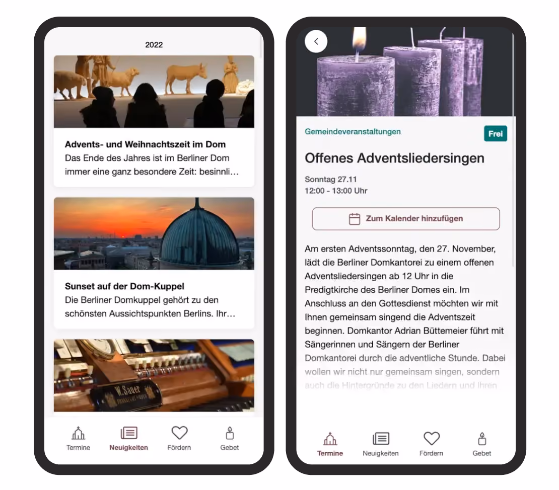 Zwei Handys zeigen eine App mit Berliner Dom Nachrichten und Veranstaltung zum Offenen Adventsliedersingen.