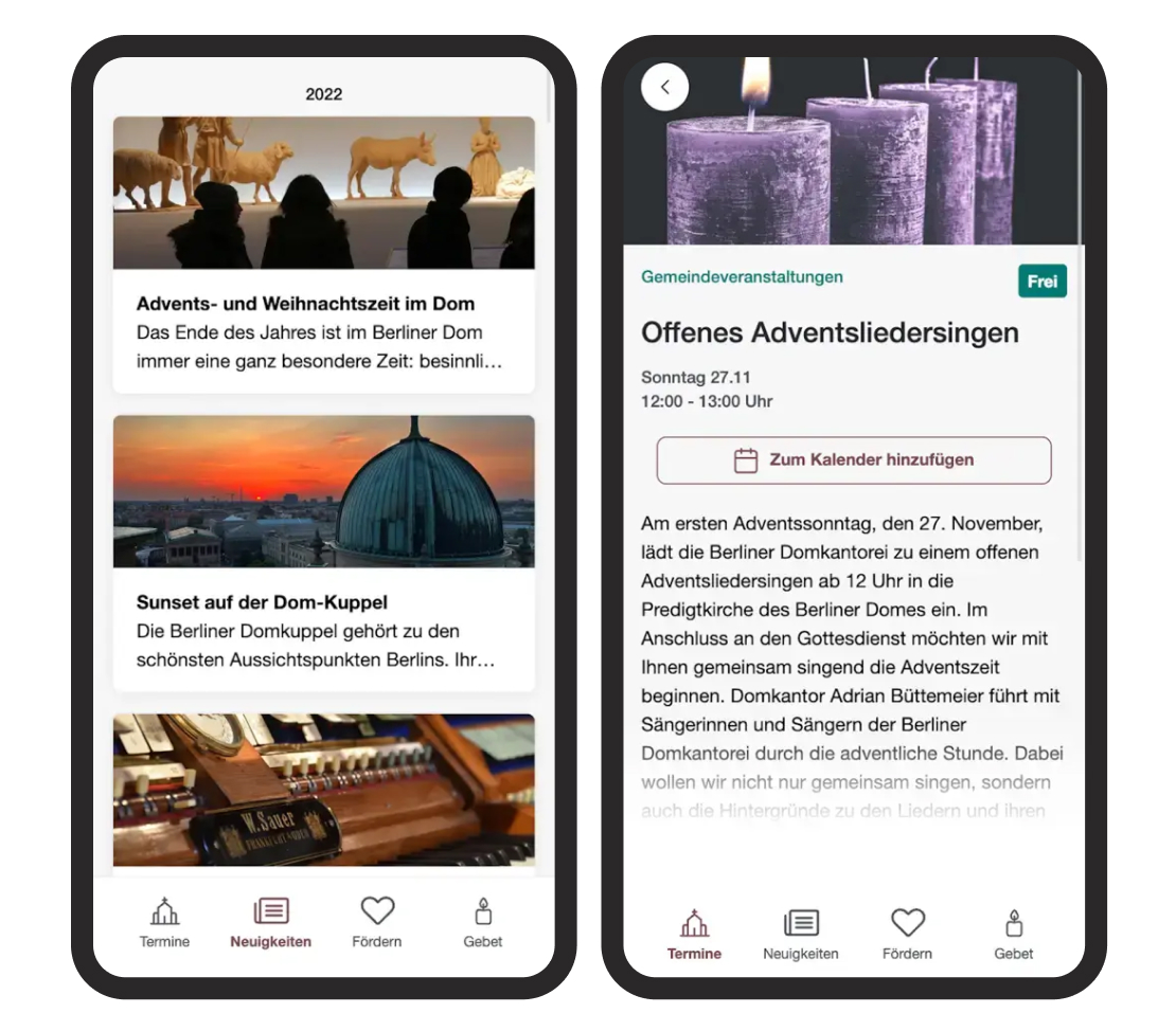 Zwei Handys zeigen eine App mit Berliner Dom Nachrichten und Veranstaltung zum Offenen Adventsliedersingen.