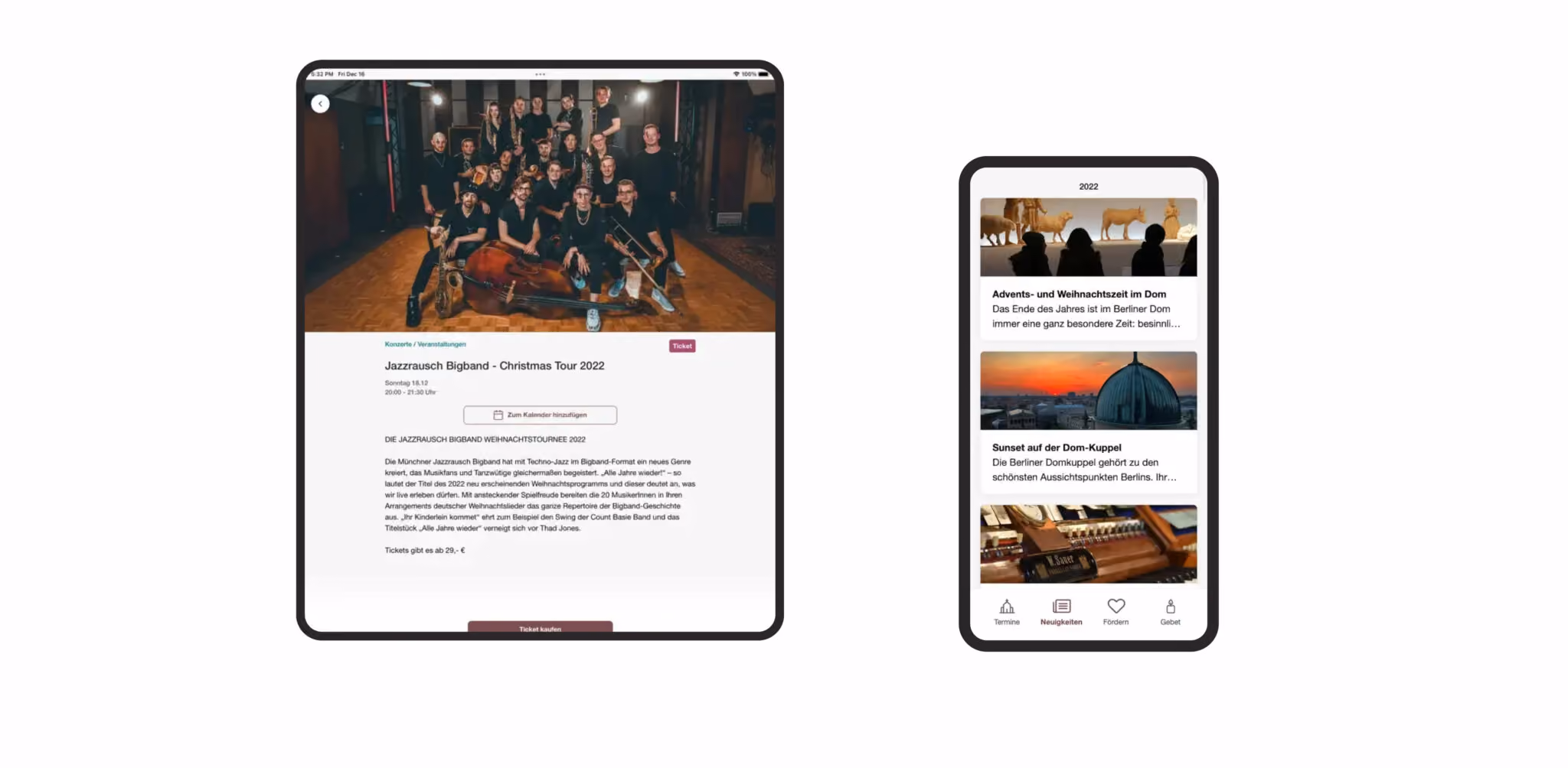 Tablet und Smartphone zeigen eine Jazzrausch Bigband Konzertseite und Berliner Dom App mit Terminen.