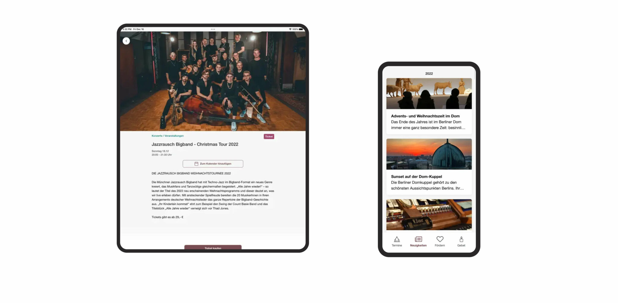 Tablet und Smartphone zeigen eine Jazzrausch Bigband Konzertseite und Berliner Dom App mit Terminen.