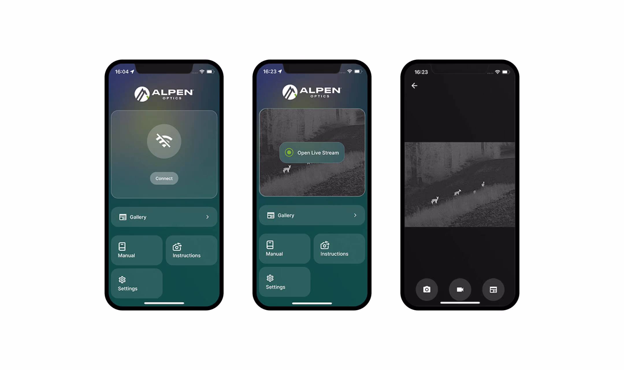 Drei Smartphone-Bildschirme zeigen Alpen Optics App mit Verbindung, Live-Stream und Wildtieren im Bild.