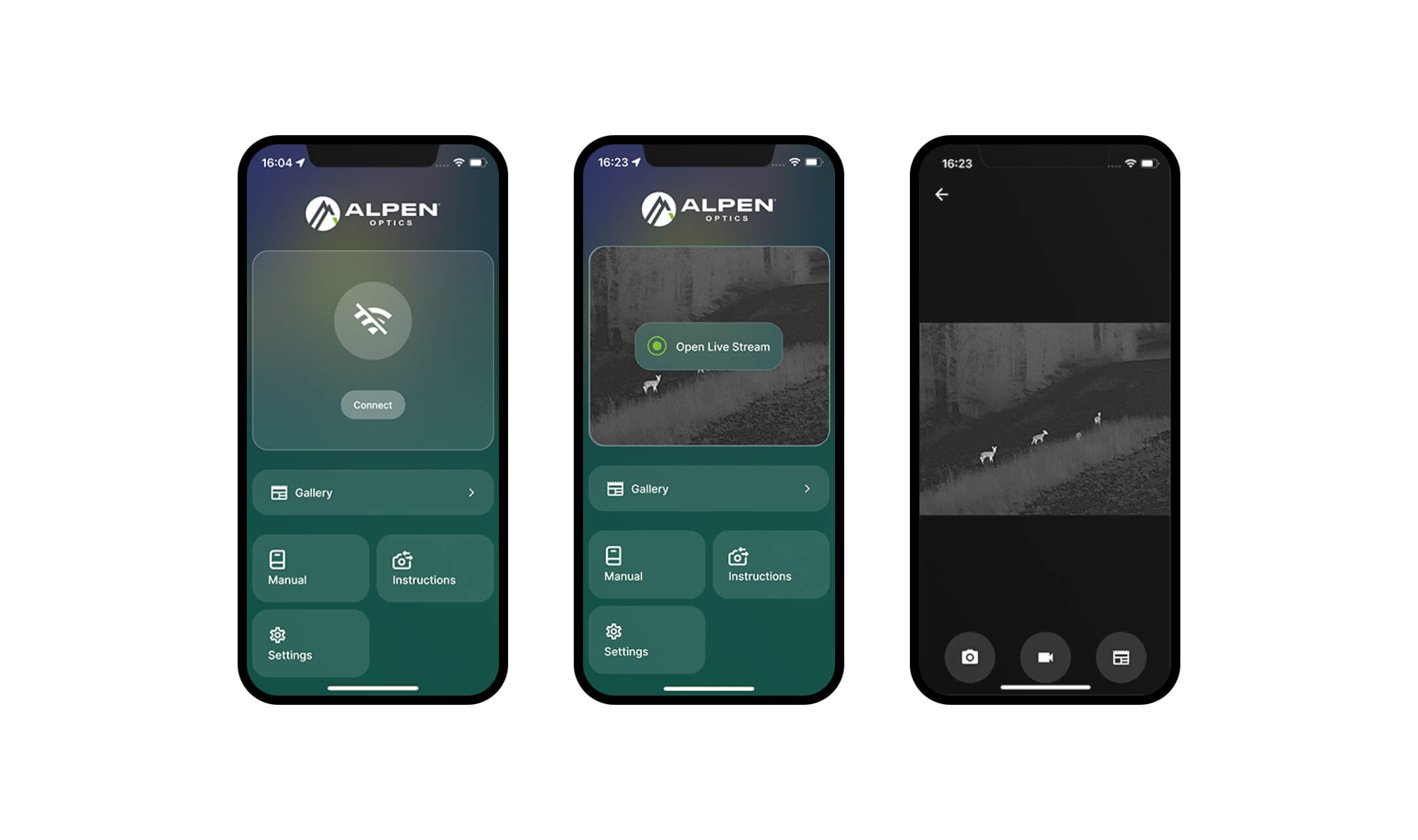 Drei Smartphone-Bildschirme zeigen Alpen Optics App mit Verbindung, Live-Stream und Wildtieren im Bild.