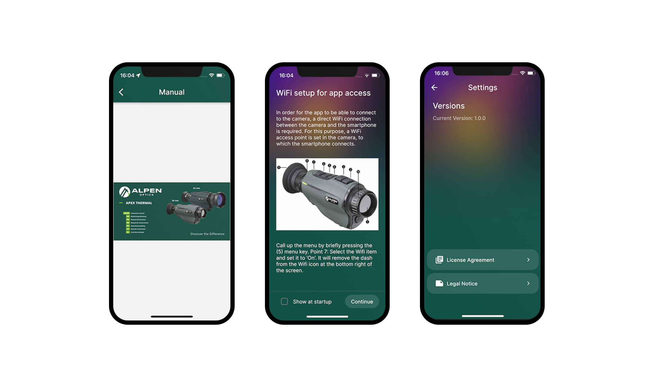 Drei Handydisplays zeigen App-Bildschirme: Bedienungsanleitung, WLAN-Setup für Kamera, Einstellungen mit Versionsinfo.