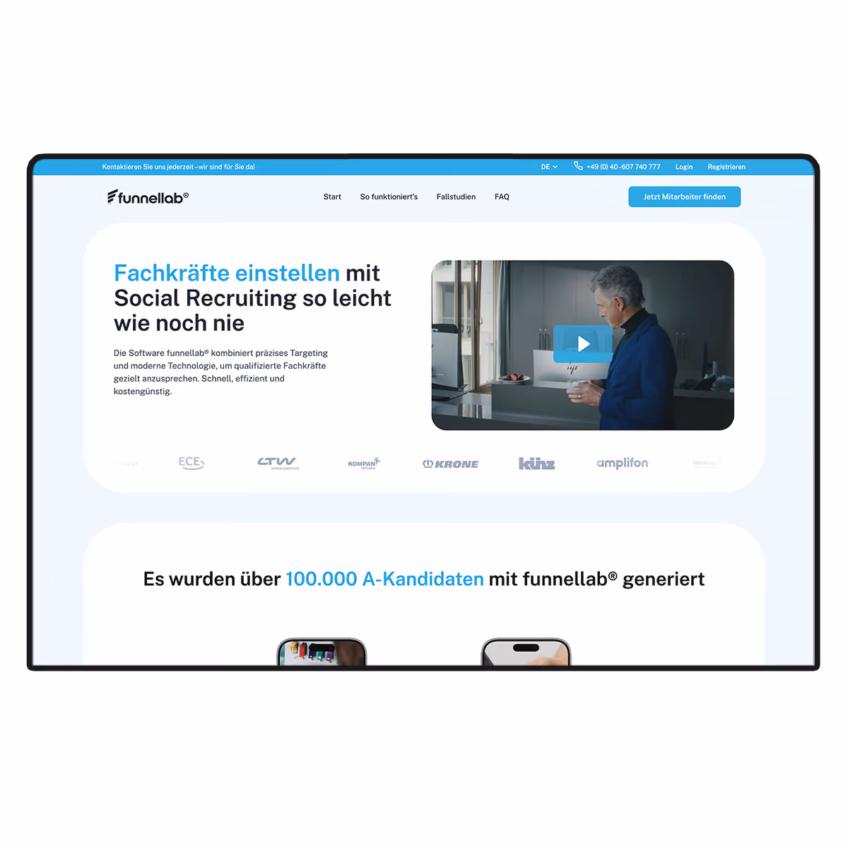 Website-Banner von funnellab mit Text zu Social Recruiting und Video mit einem Mann im Büro.