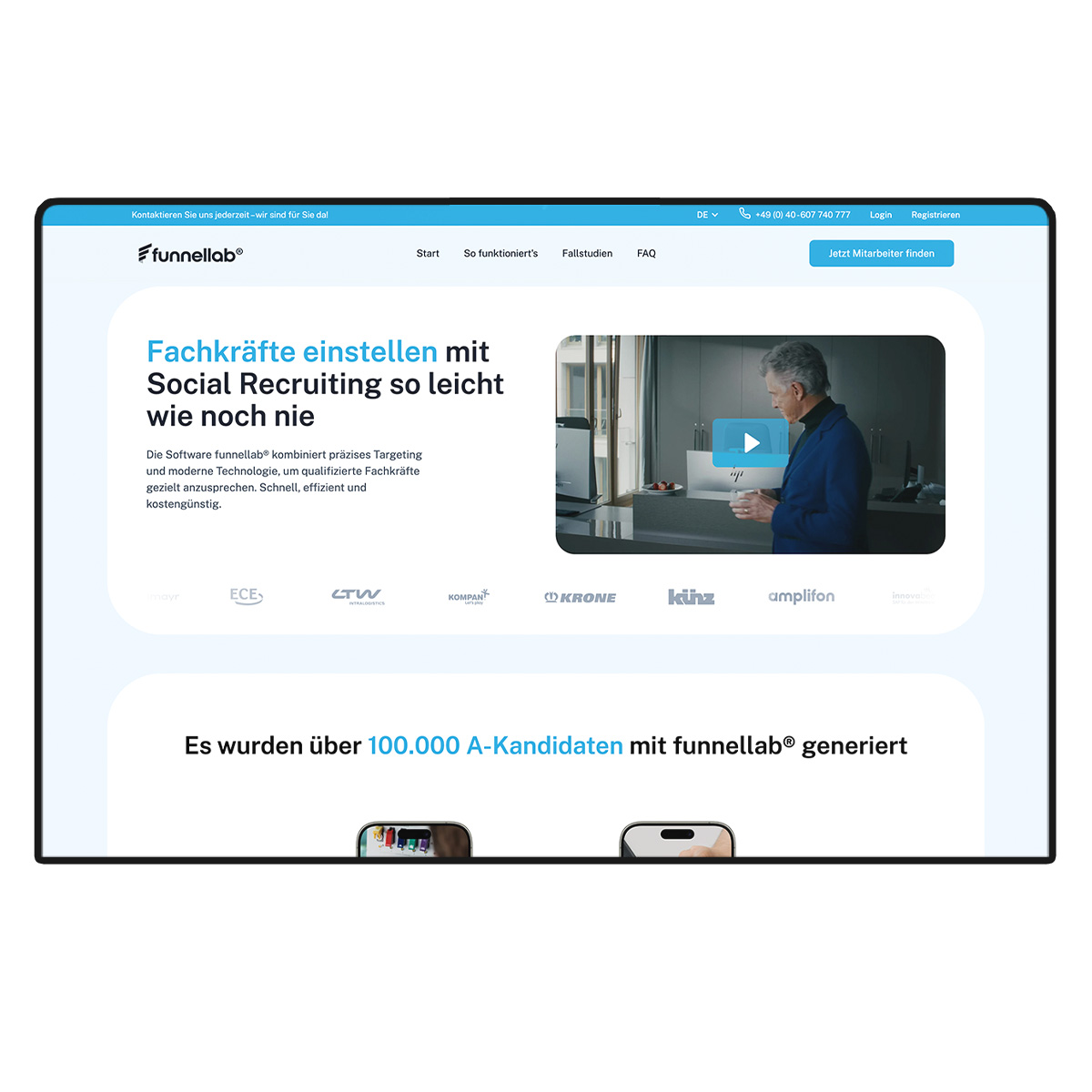 Website-Banner von funnellab mit Text zu Social Recruiting und Video mit einem Mann im Büro.