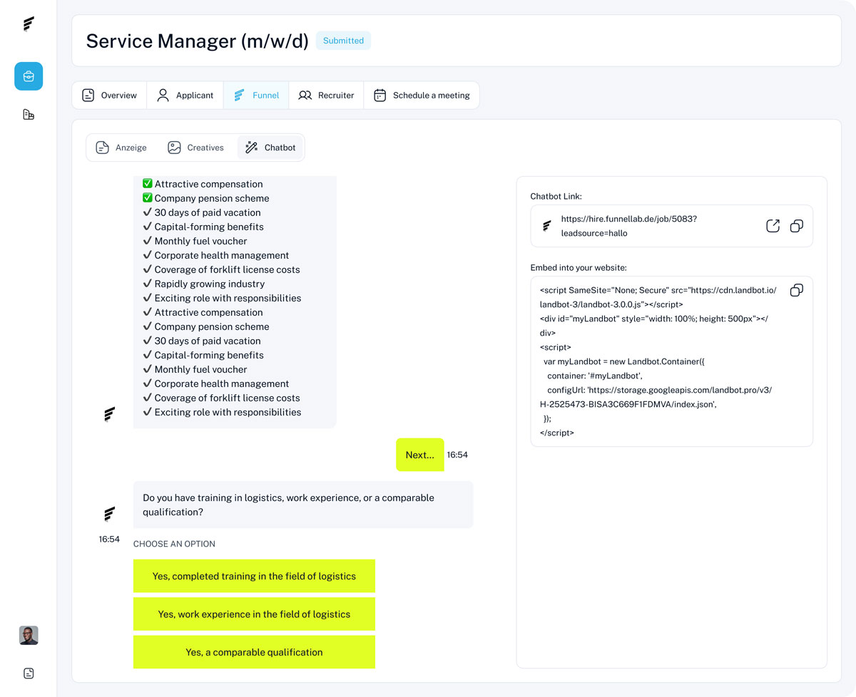 Chatbot interface for Service Manager job with benefits list and logistics qualification question with three answer options.