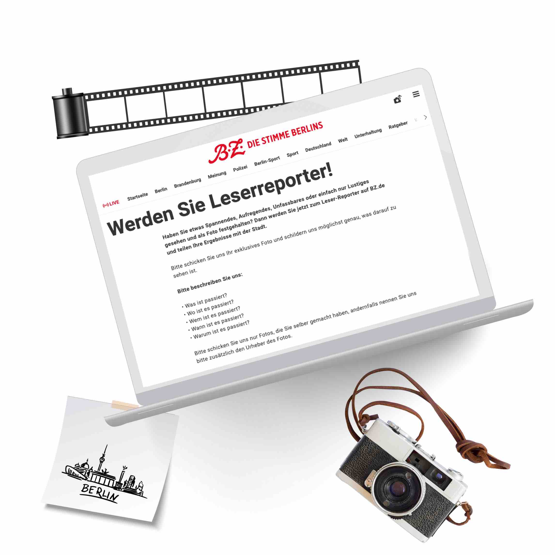 Laptop zeigt Website zur Leserreporter-Anmeldung mit Kamera, Filmstreifen und Berlin-Skizze.