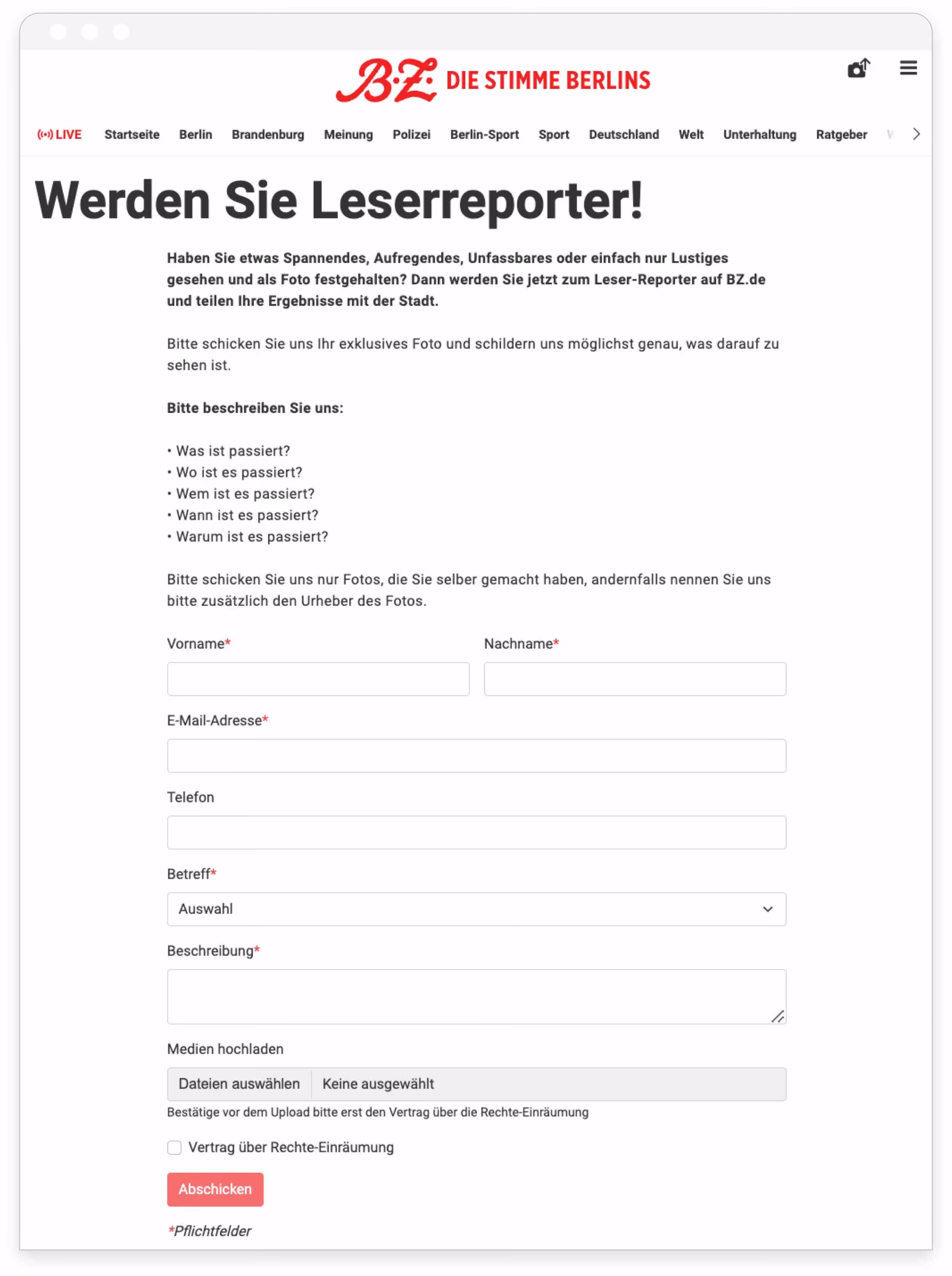 Online-Formular zur Einsendung von Leser-Fotos bei BZ mit Feldern für Name, E-Mail, Betreff und Beschreibung.