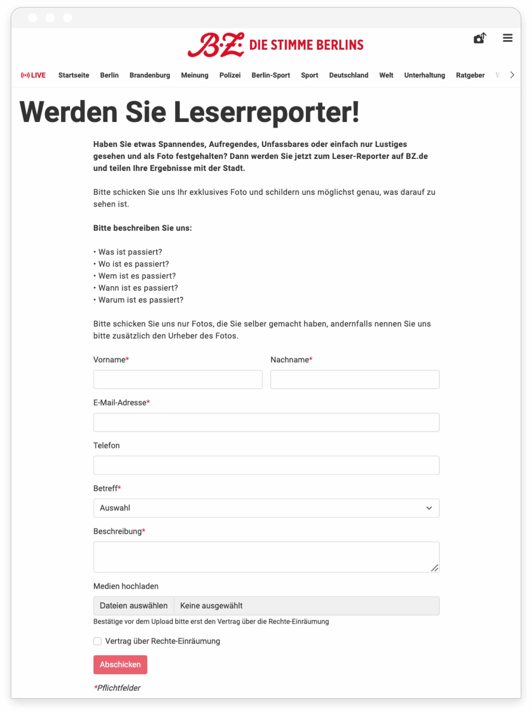 Online-Formular zur Einsendung von Leser-Fotos bei BZ mit Feldern für Name, E-Mail, Betreff und Beschreibung.