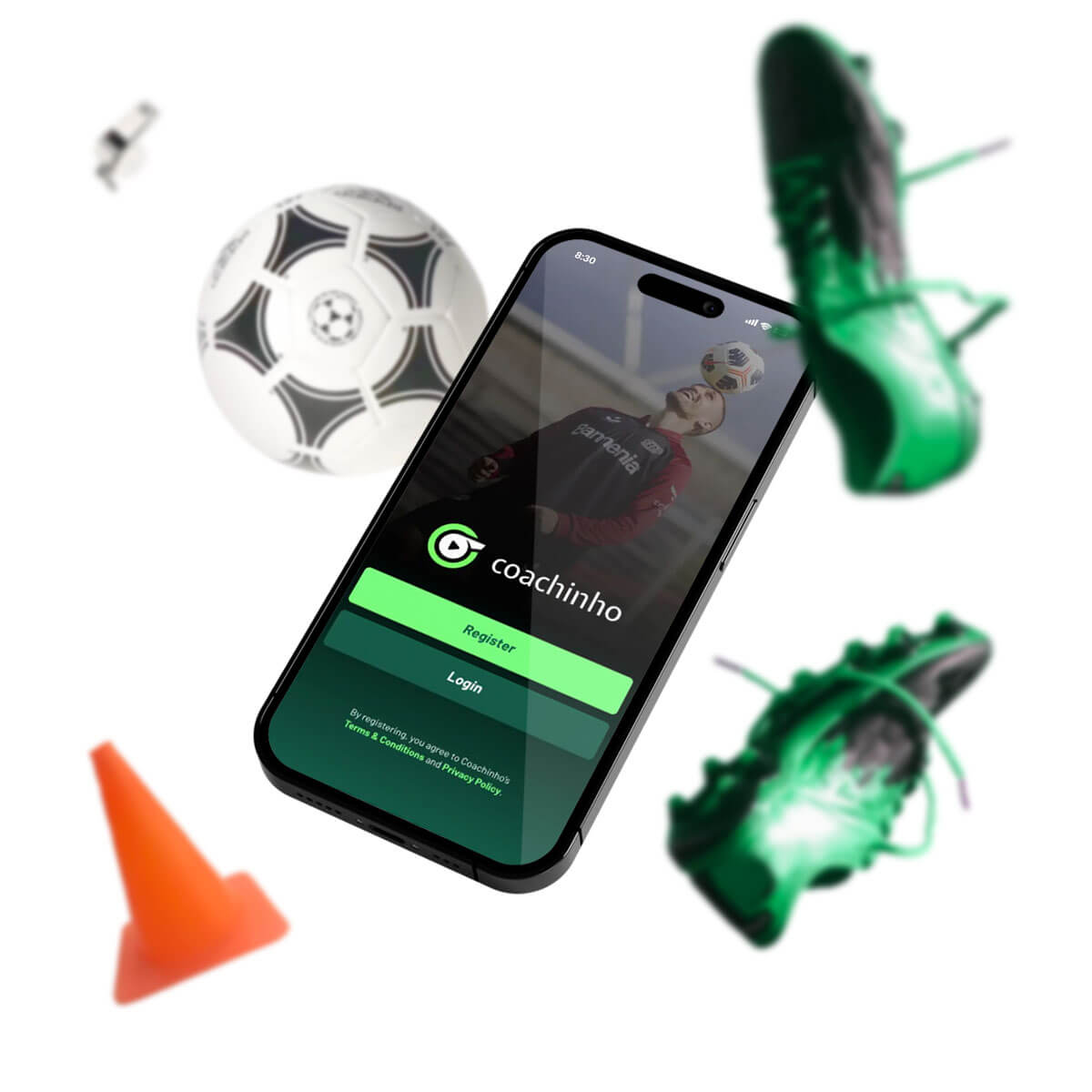 Smartphone zeigt Coachinho App-Startbildschirm mit Fußball, grünen Schuhen und orangefarbener Hütchen.