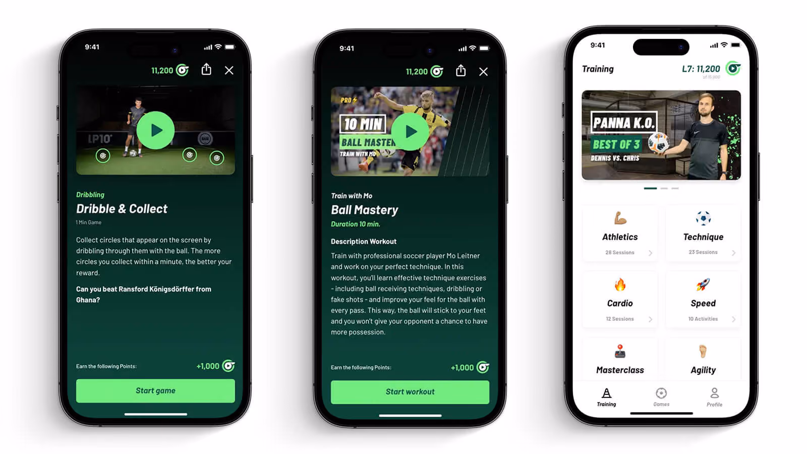 Drei Smartphones zeigen Fußball-Trainings-Apps mit Übungen zu Dribbling, Ballbeherrschung und Trainingskategorien.