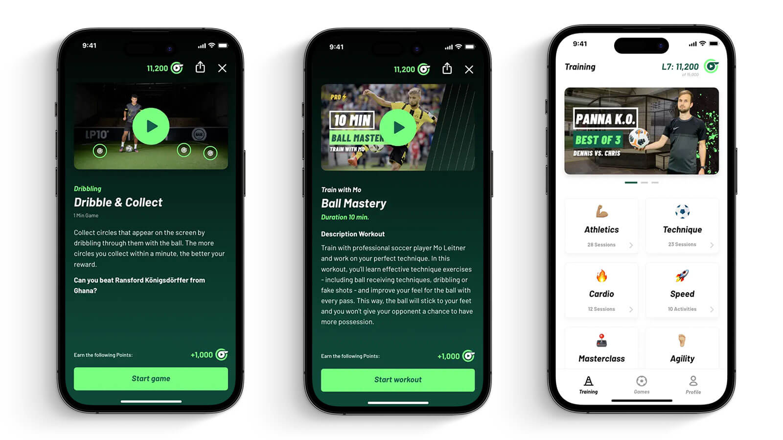 Drei Smartphones zeigen Fußball-Trainings-Apps mit Übungen zu Dribbling, Ballbeherrschung und Trainingskategorien.