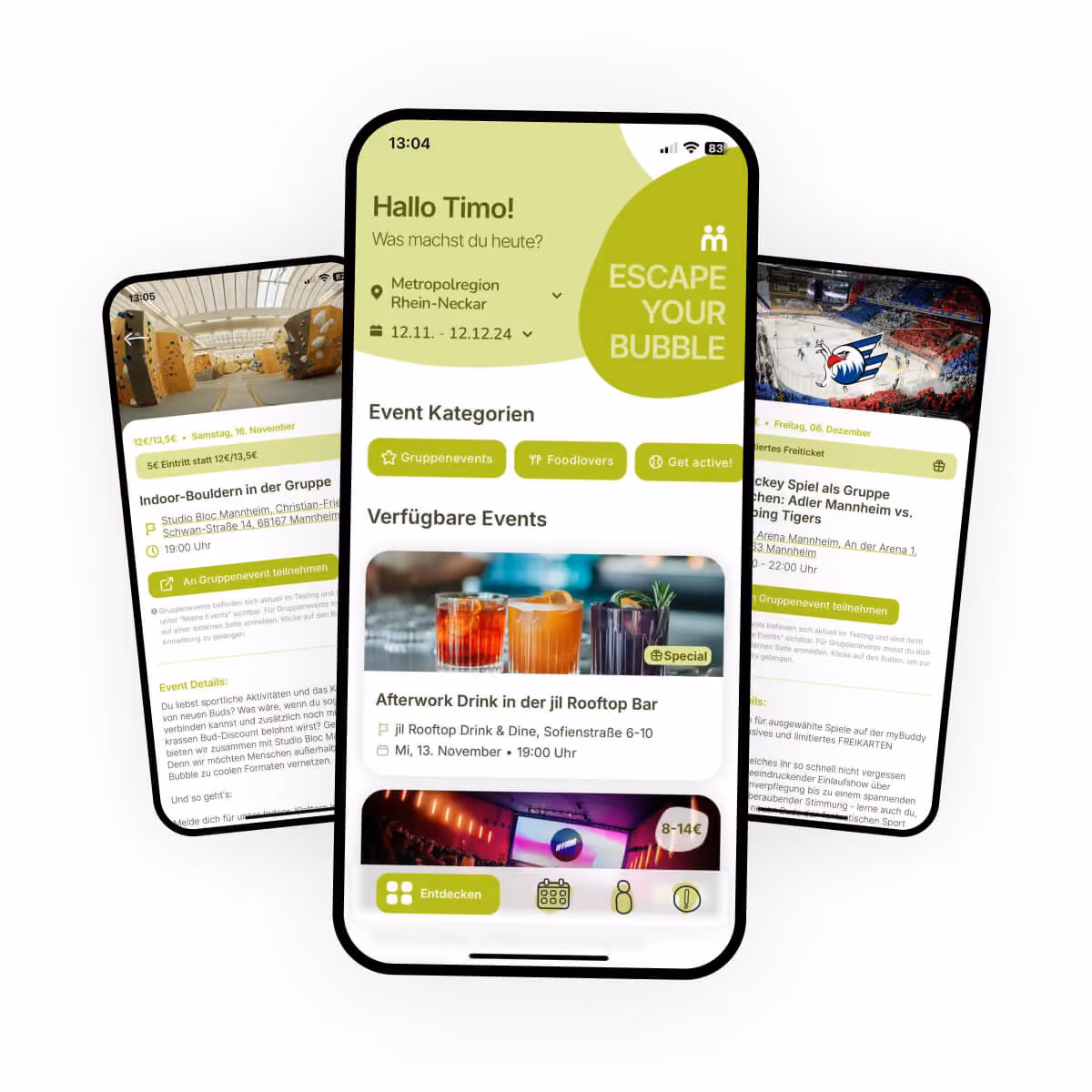 Drei Smartphones zeigen eine Event-App mit Kategorien und Events wie Afterwork Drinks und Indoor-Bouldern.
