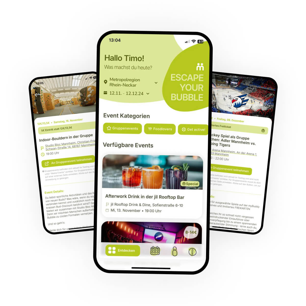 Drei Smartphones zeigen eine Event-App mit Kategorien und Events wie Afterwork Drinks und Indoor-Bouldern.