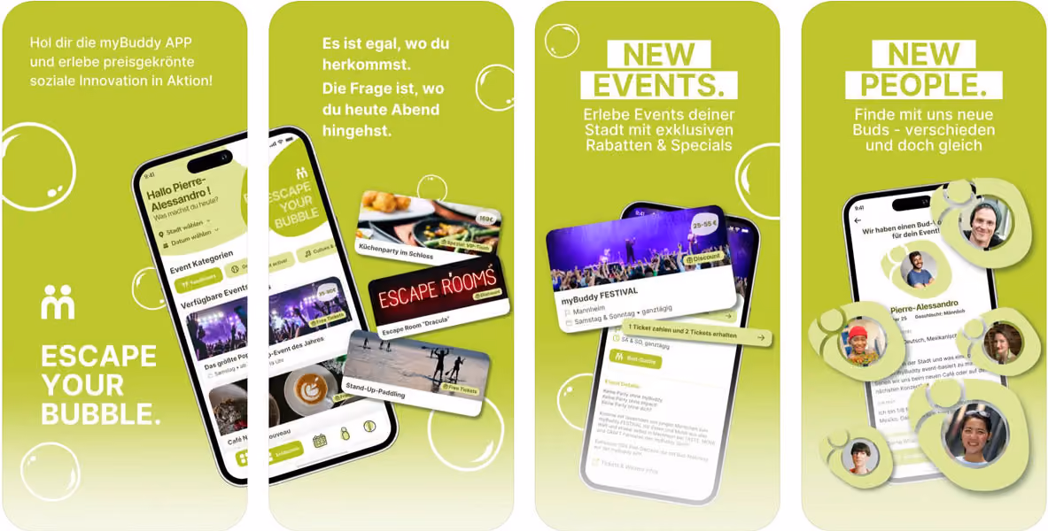 Anzeige für myBuddy App mit Smartphones, Events, Rabatten und neuen Leuten zum Vernetzen.