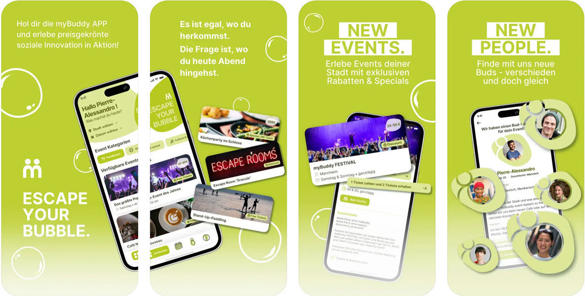 Anzeige für myBuddy App mit Smartphones, Events, Rabatten und neuen Leuten zum Vernetzen.