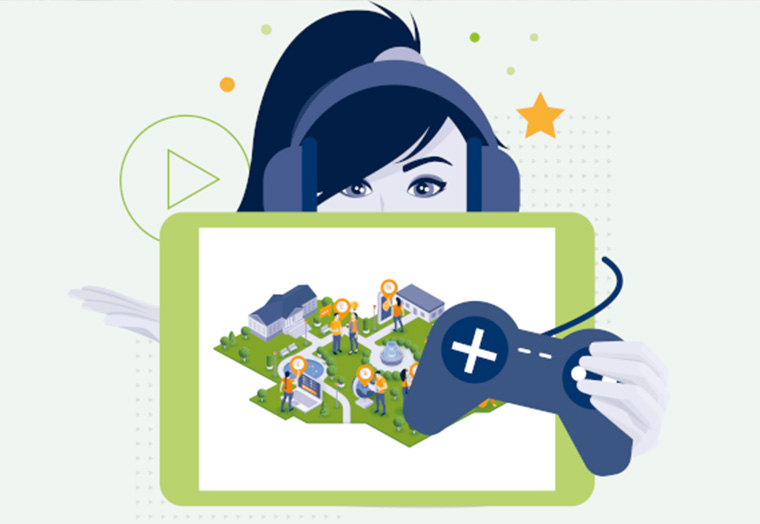 Illustration einer Person mit Kopfhörern, die eine Spielekonsole und eine Karte mit Figuren hält.