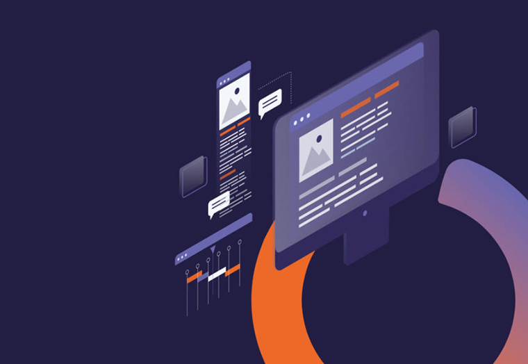 Grafik eines Desktop- und mobile Bildschirms mit Text- und Bildelementen vor dunklem Hintergrund.