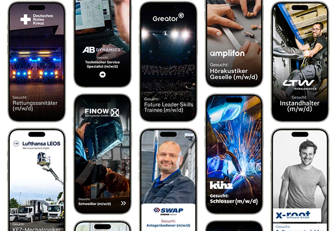 Zehn Smartphone-Bildschirme zeigen Jobanzeigen verschiedener Firmen für technische und handwerkliche Berufe.