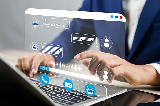 Mann tippt auf Laptop mit KI-Chatbot-Schnittstelle und Textfenstern für Konversation.