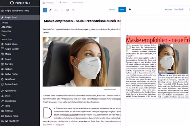 Screenshot einer Webseite über Maskenempfehlung mit Bild einer Frau, die eine weiße Maske trägt.