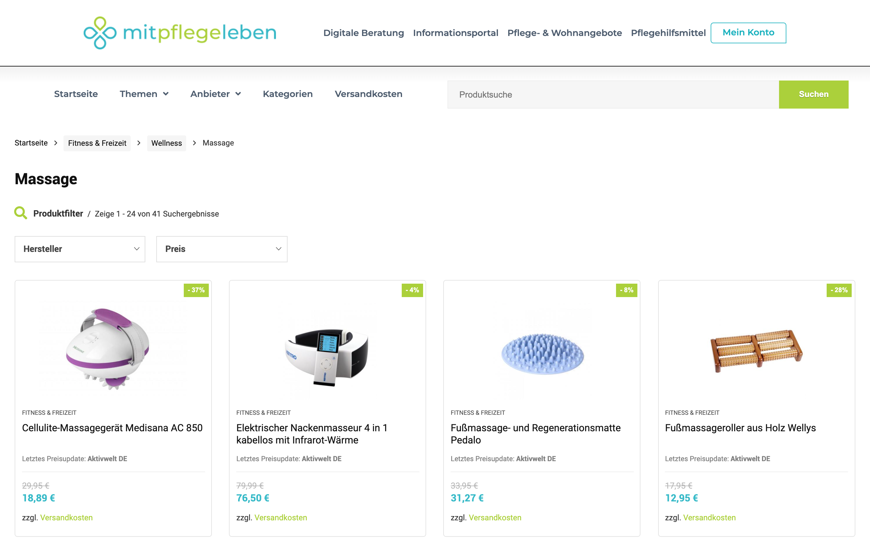 Produktübersicht von Massagegeräten mit Preisen und Rabatten auf einer deutschen Website.